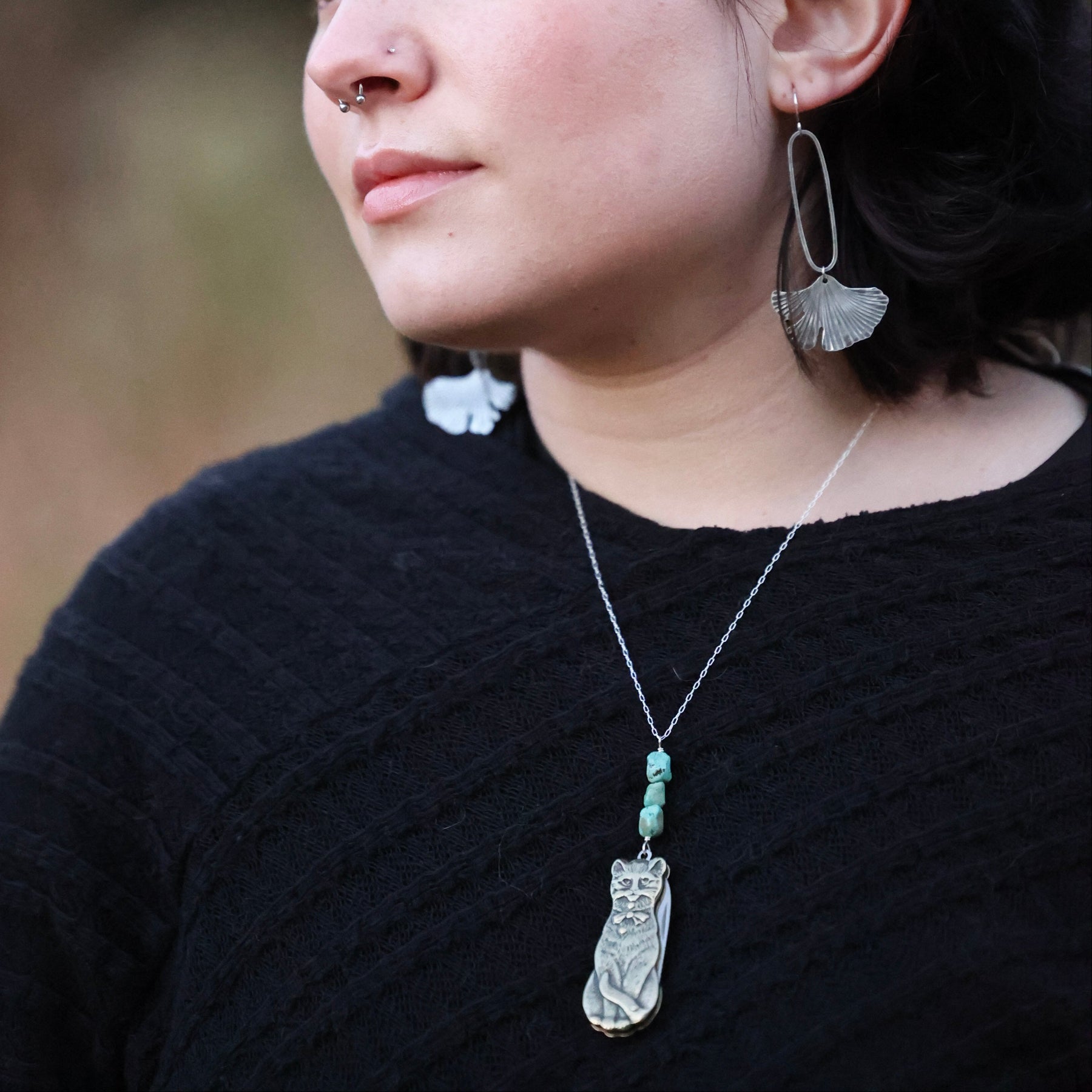 pocketknife cat necklace with turquoise beads