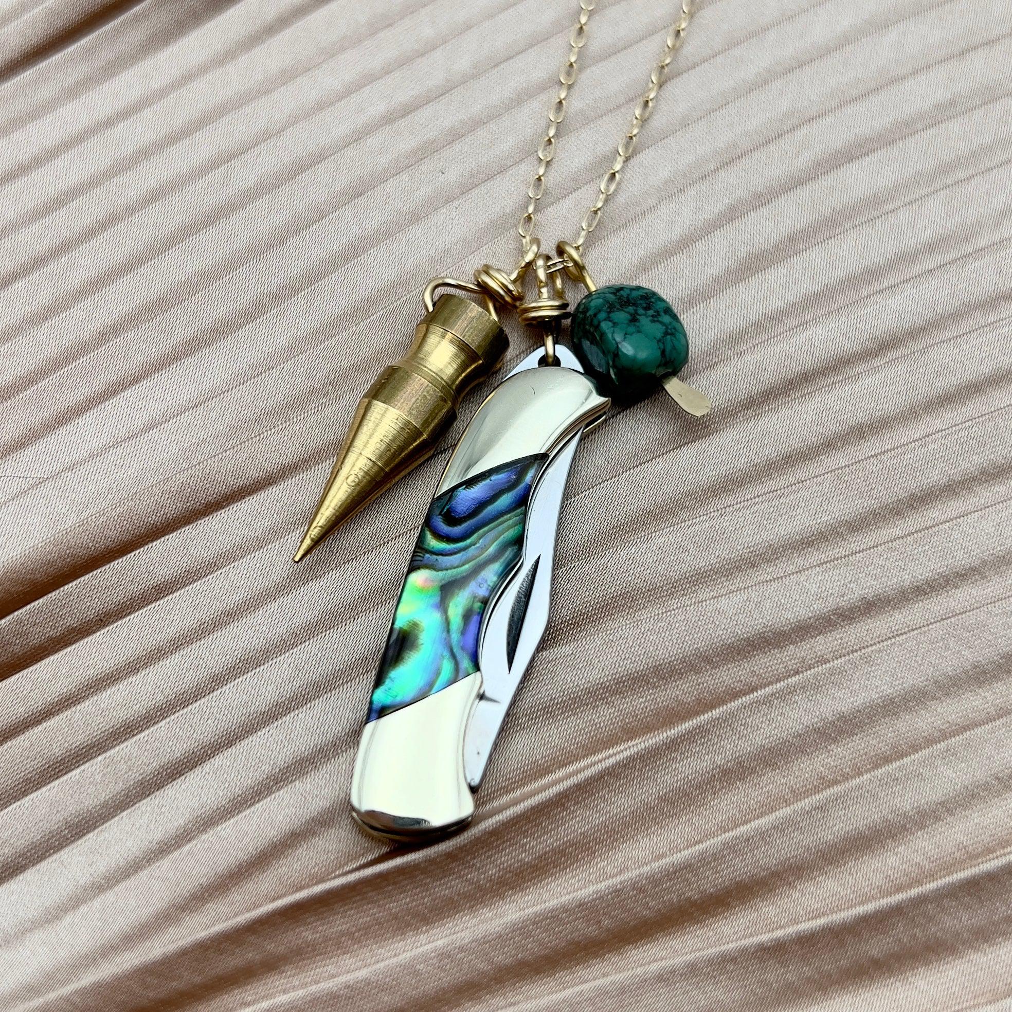 Billie Pocketknife with Abalone Inlay with brass bullet and a turquoise bead hanging on gold filled or sterling silver chain