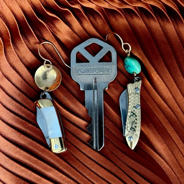 Billie Abalone inlay on miniature pocket knife earrings with or without circle hanging on ear wire