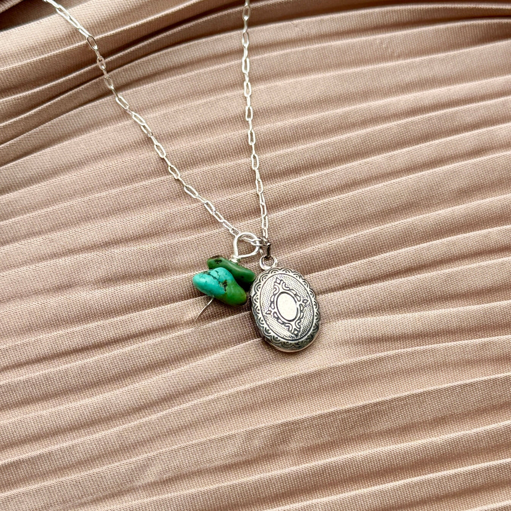 Small or Large gold or silver vintage and antique inspired working locket pendant with turquoise beads on necklace chain