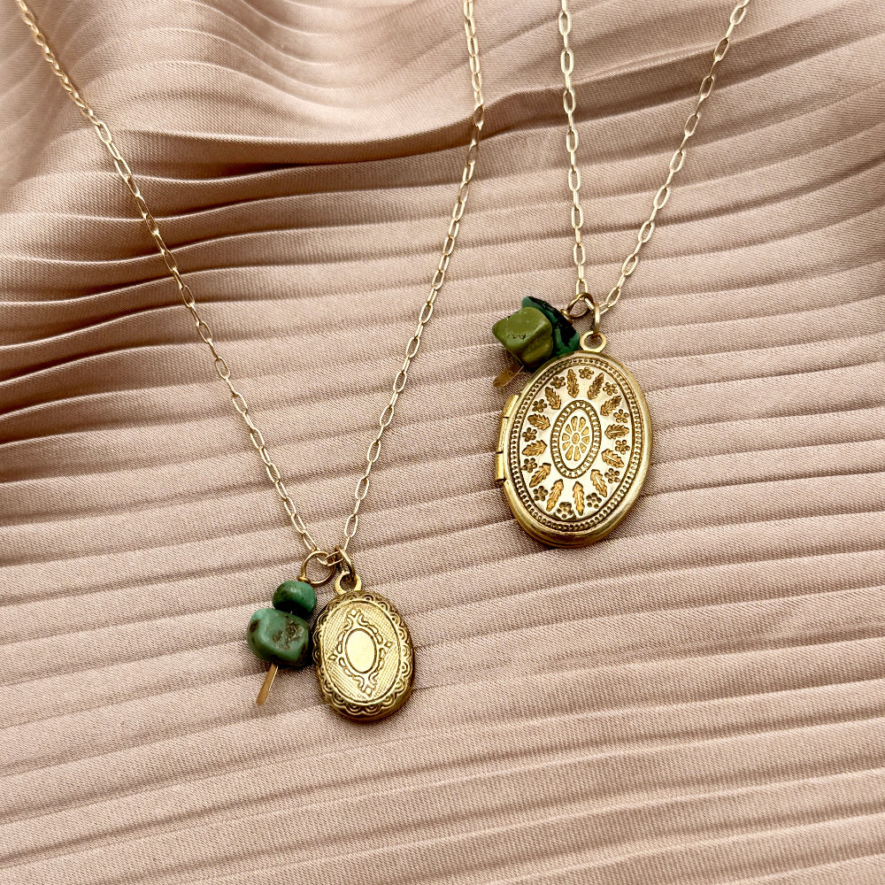 Small or Large Locket pendant with turquoise chip beads on necklace chain