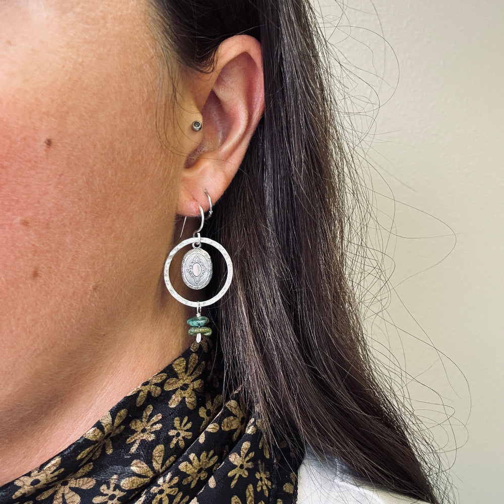 Gold or Silver Hoop with turquoise beads and etched working locket photo holder memory keepsake hanging from ear wire