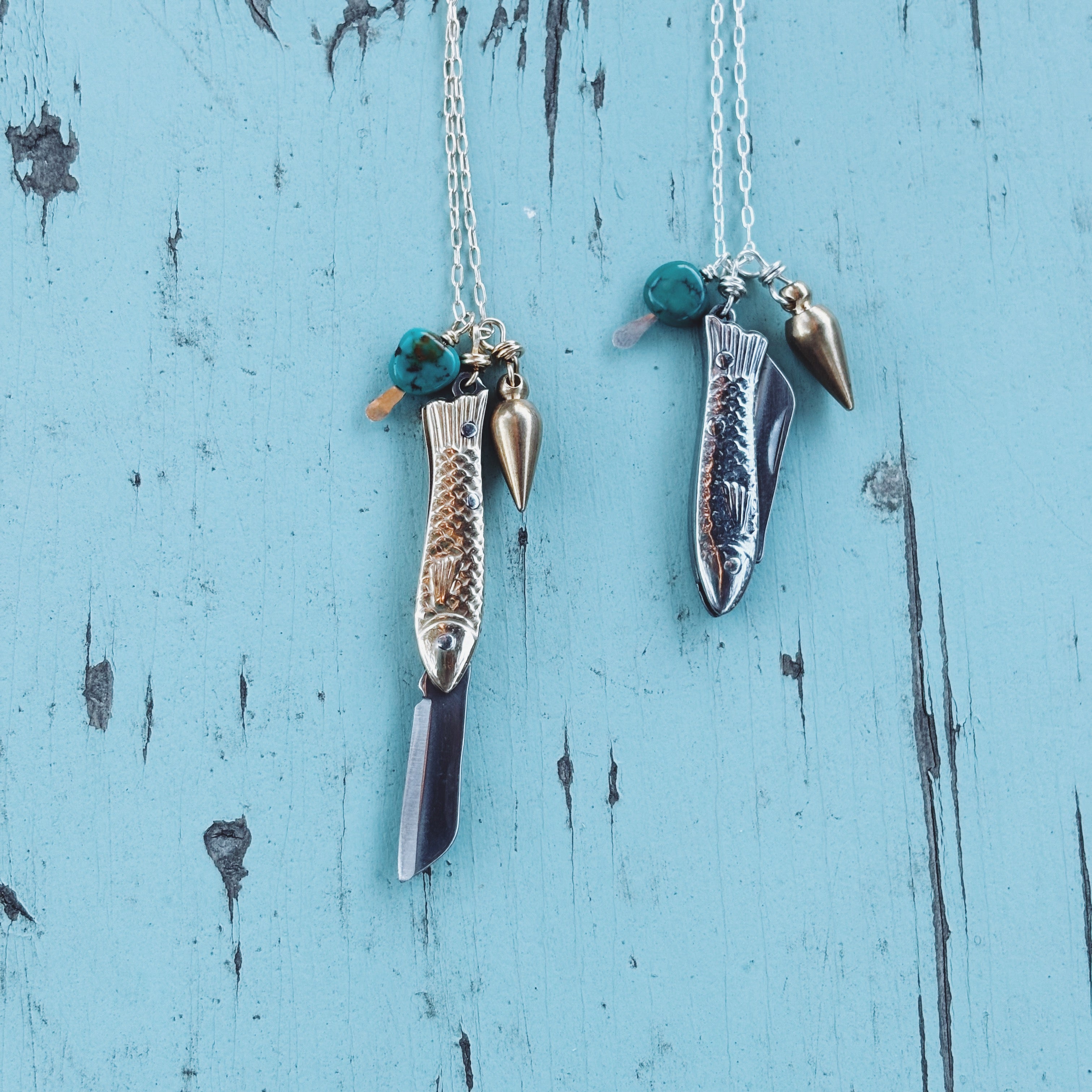 Fish shaped gold or silver mini working pocketknife pendant with brass mini bullet and turquoise bead hanging from gold filled or sterling silver chain