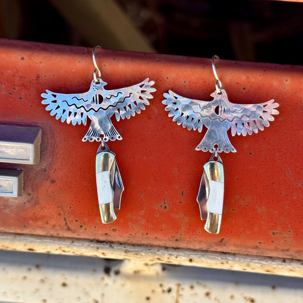 Bird Phoenix Rising pendant with bone inlay miniature pocket knives attached to ear wire