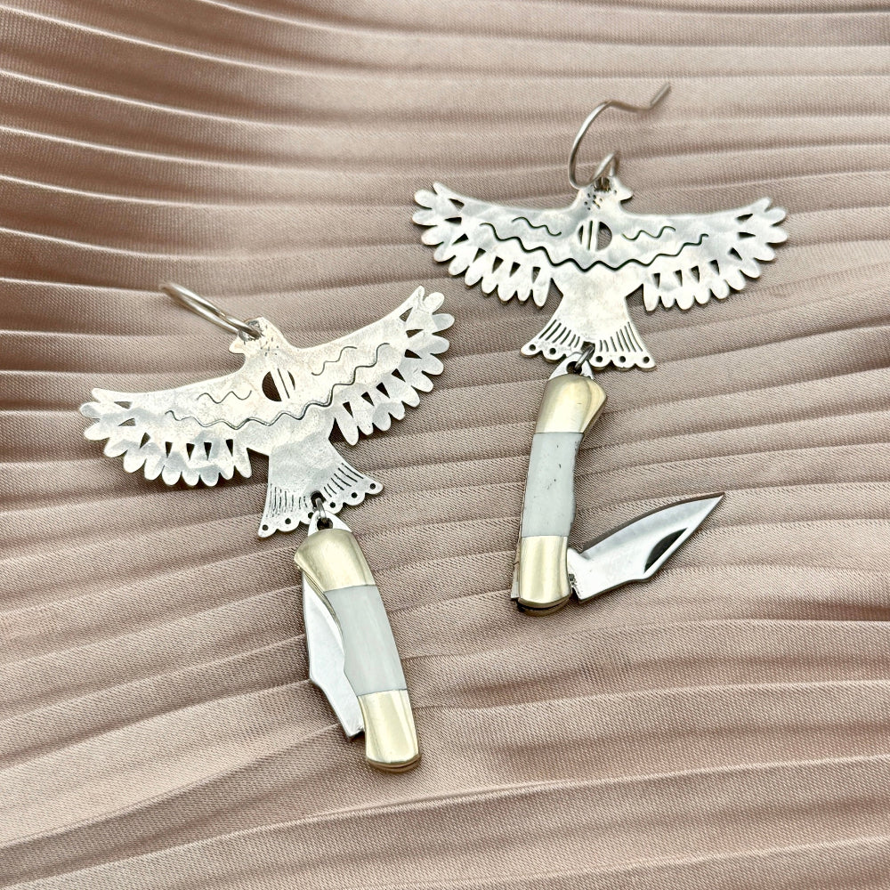 Bird Phoenix Rising pendant with bone inlay miniature pocket knives attached to ear wire
