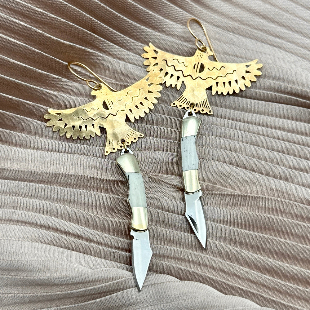 Bird Phoenix Rising pendant with bone inlay miniature pocket knives attached to ear wire