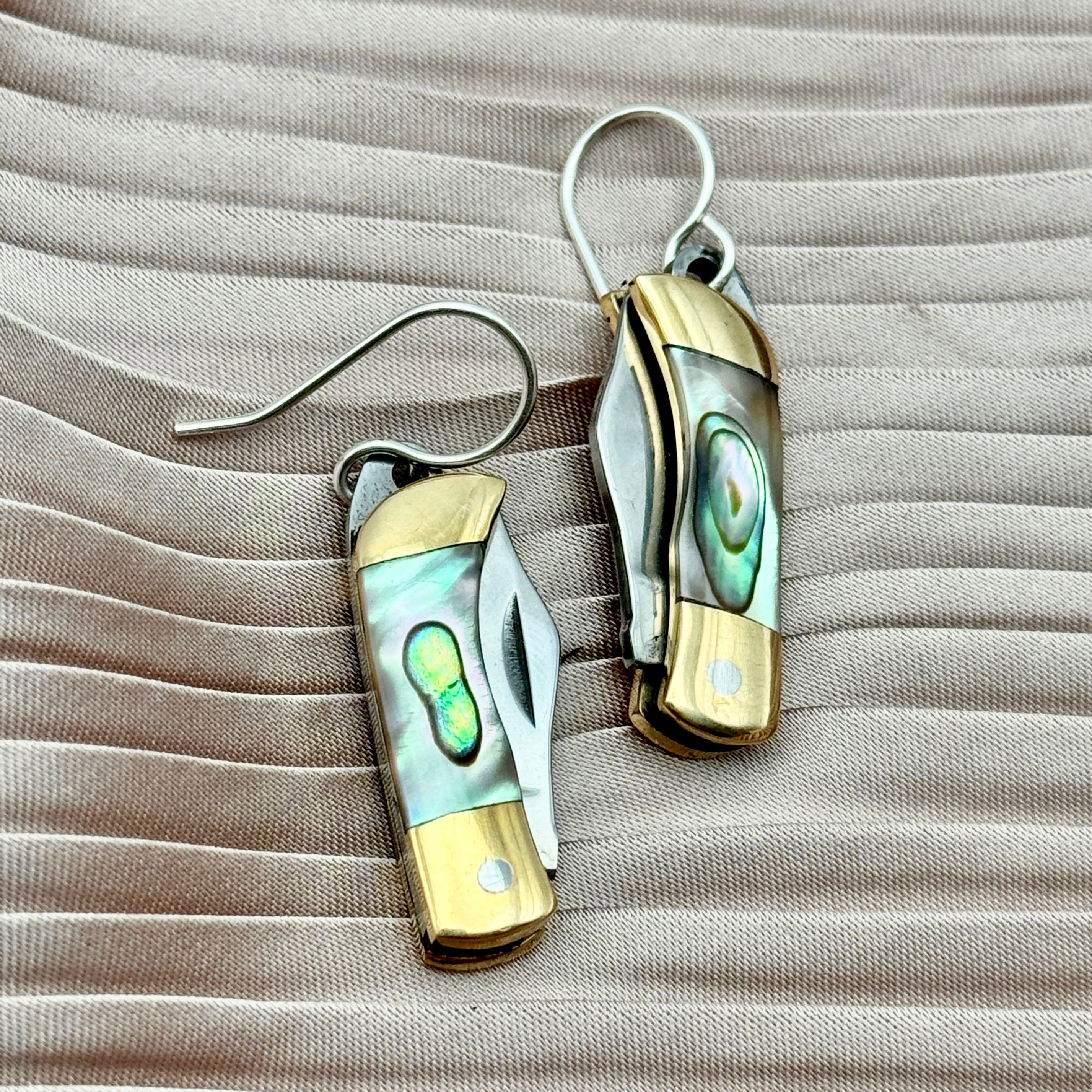 Billie Abalone inlay on miniature pocket knife earrings on ear wire