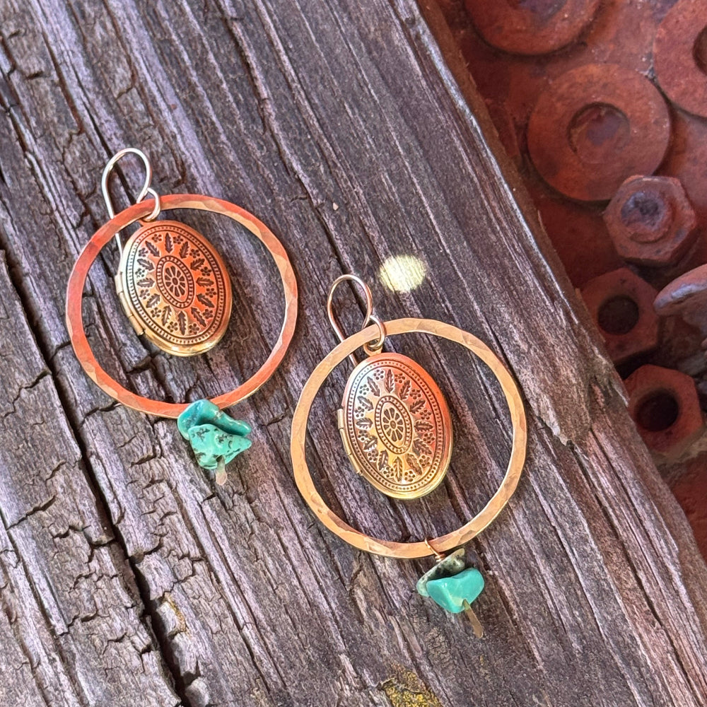 Gold or Silver Hoop with turquoise beads and etched working locket photo holder memory keepsake hanging from ear wire
