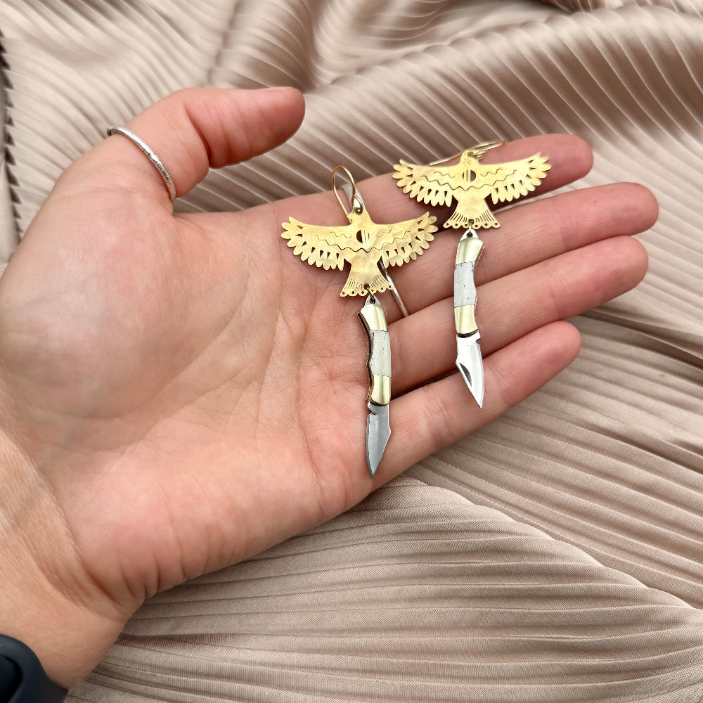 Bird Phoenix Rising pendant with bone inlay miniature pocket knives attached to ear wire