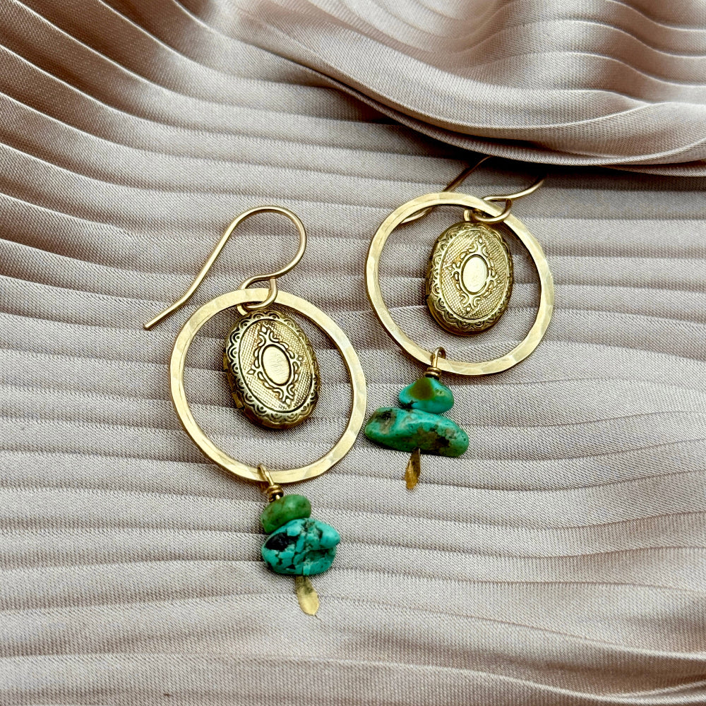 Gold or Silver Hoop with turquoise beads and etched working locket photo holder memory keepsake hanging from ear wire