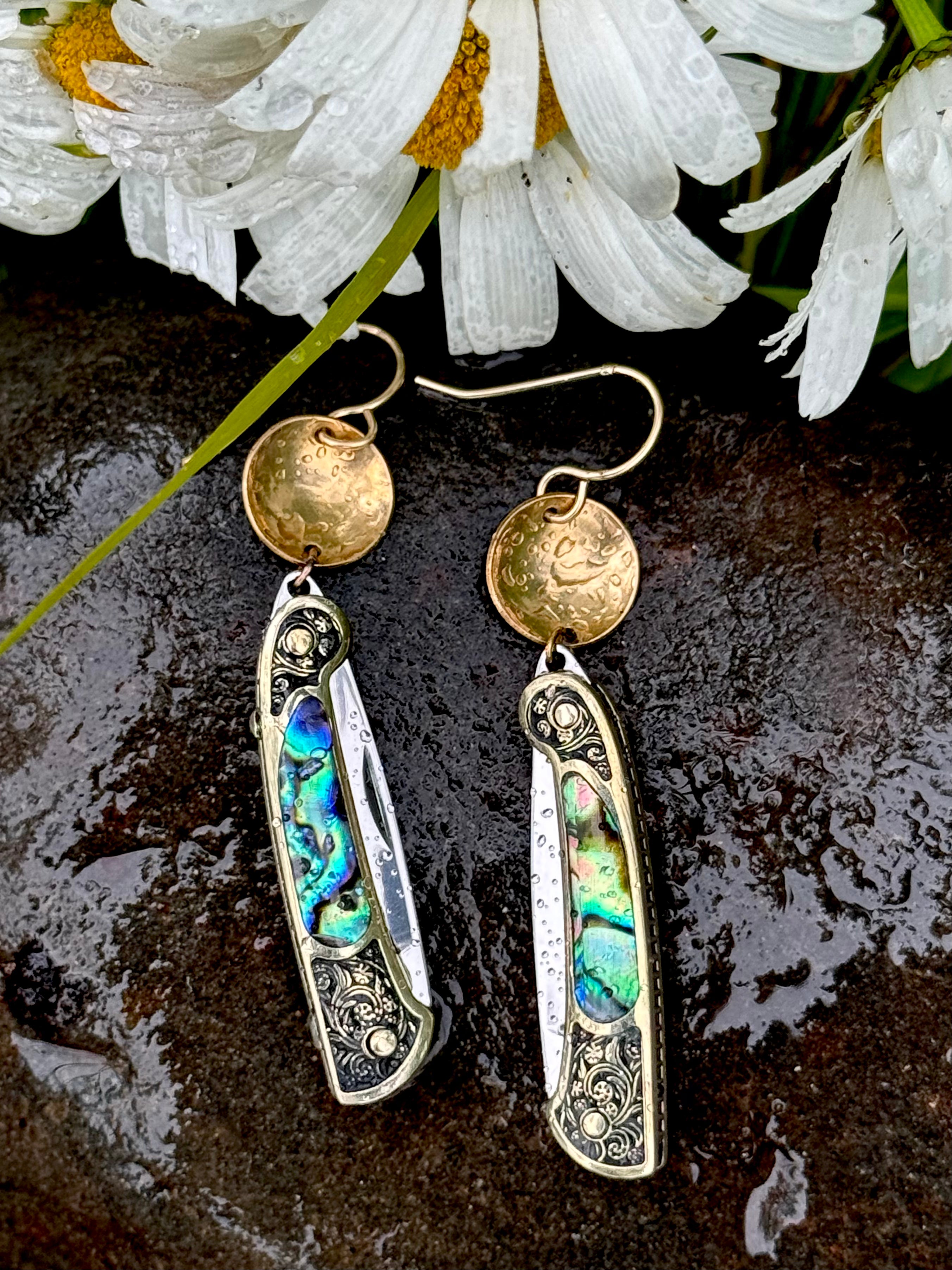 Abalone inlay and vintage inspired etched gold handle on a working pocketknife hanging from an ear wire