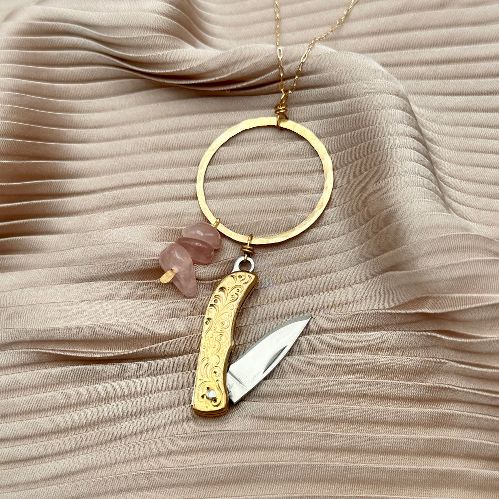 Necklace with High Desert Pocketknife in Gold or Silver with Three Rose Quartz Beads Hanging from Circle Pendant
