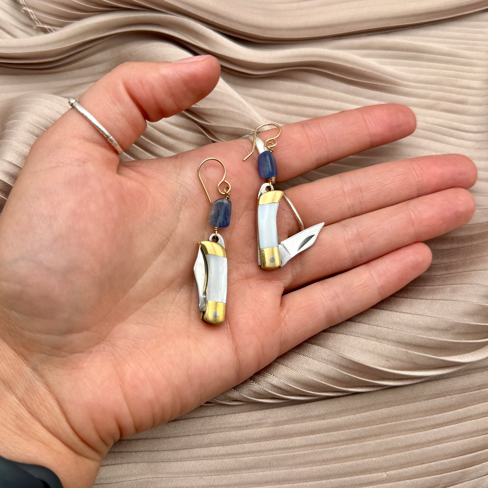 Earrings with kyanite bead and mother of pearl inlay mini pocketknives