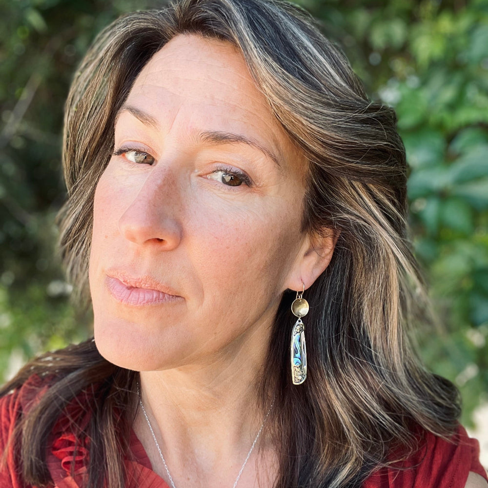 Abalone inlay and vintage inspired etched gold handle on a working pocketknife hanging from an ear wire