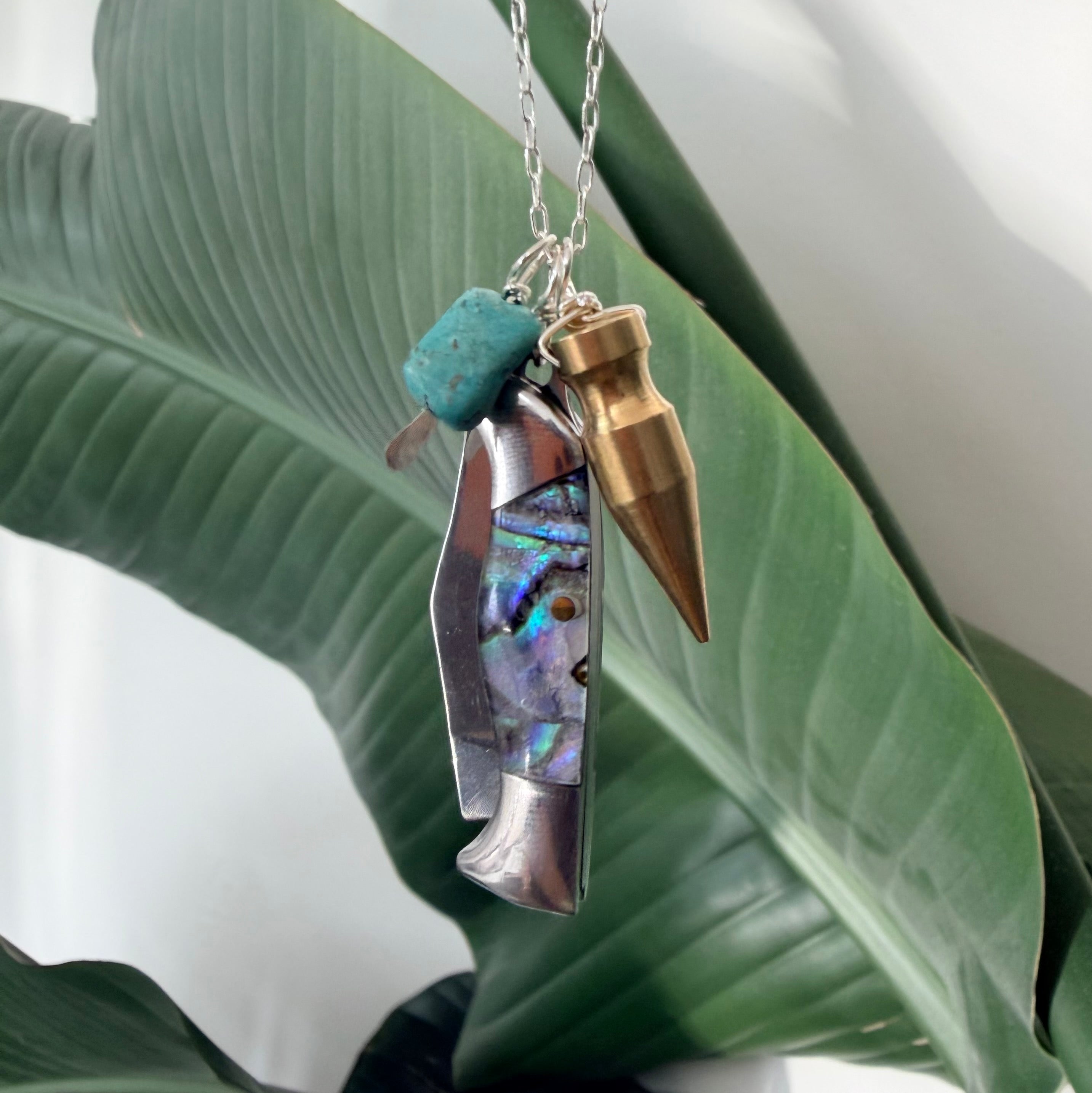 Billie Pocketknife with Abalone Inlay with brass bullet and a turquoise bead hanging on gold filled or sterling silver chain