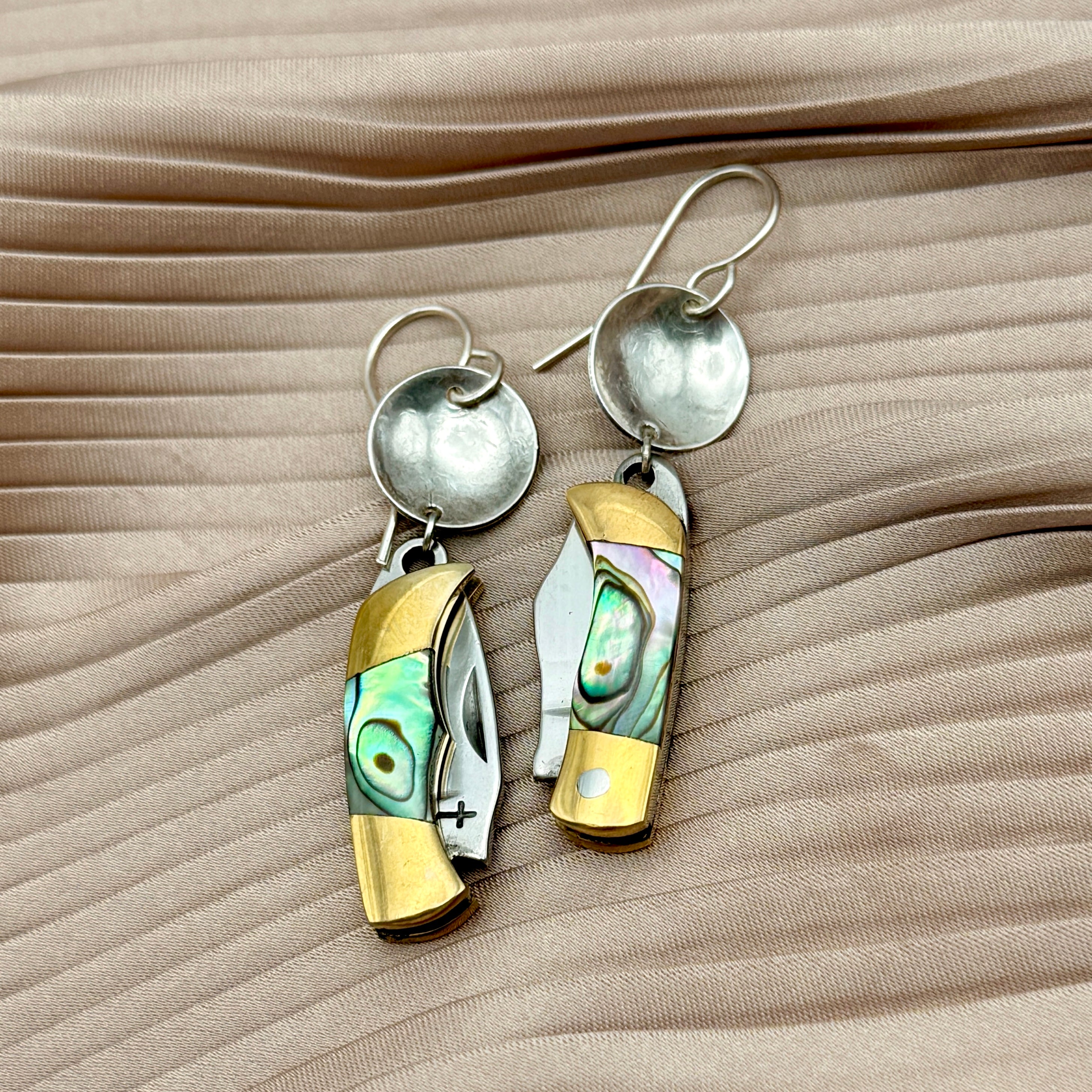 Billie Abalone inlay on miniature pocket knife earrings with or without circle hanging on ear wire