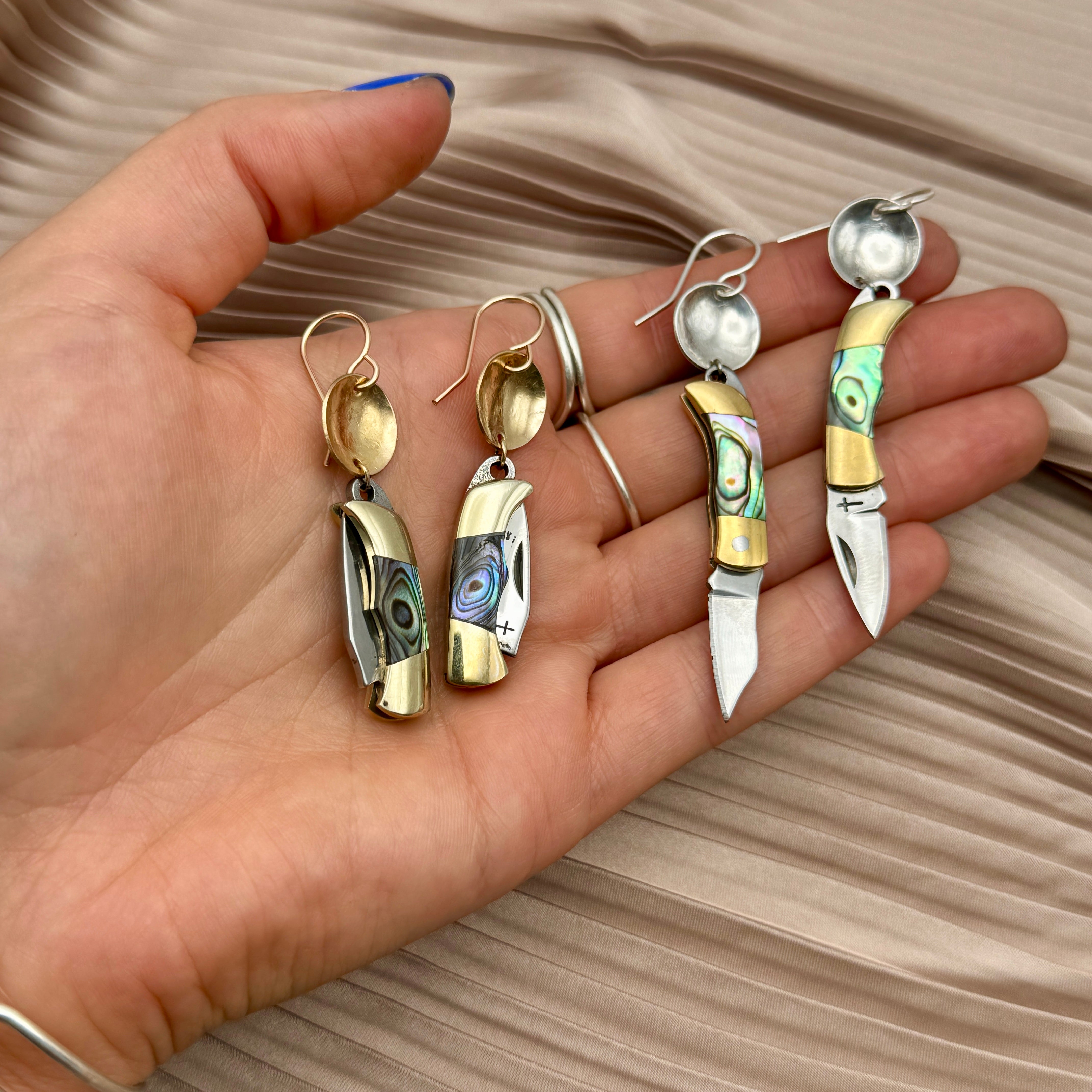 Billie Abalone inlay on miniature pocket knife earrings with or without circle hanging on ear wire