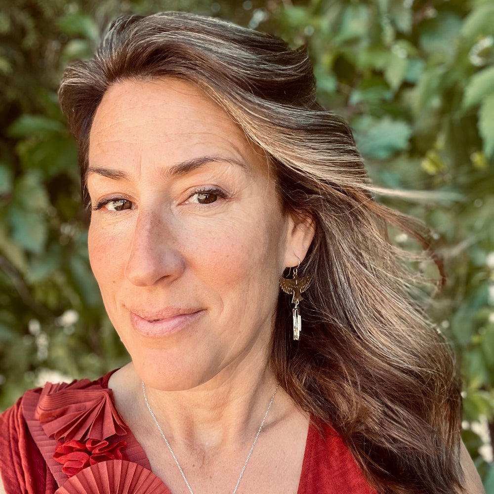 Bird Phoenix Rising pendant with bone inlay miniature pocket knives attached to ear wire