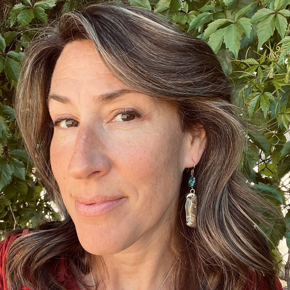 Eagle Shaped Bird mini pocket knife hanging from gold or sterling silver ear wire with turquoise stone