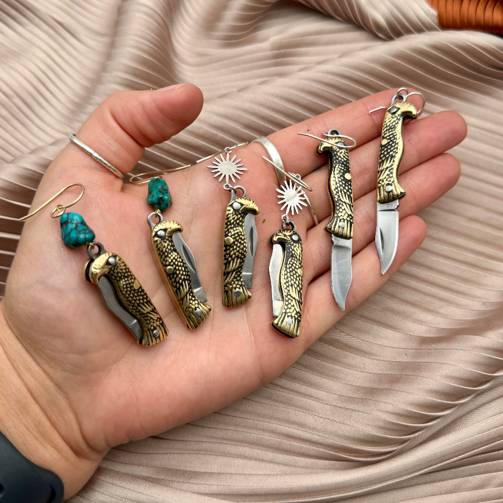 Eagle Shaped Bird mini pocket knife hanging from gold or sterling silver ear wire with simple turquoise bead or starburst