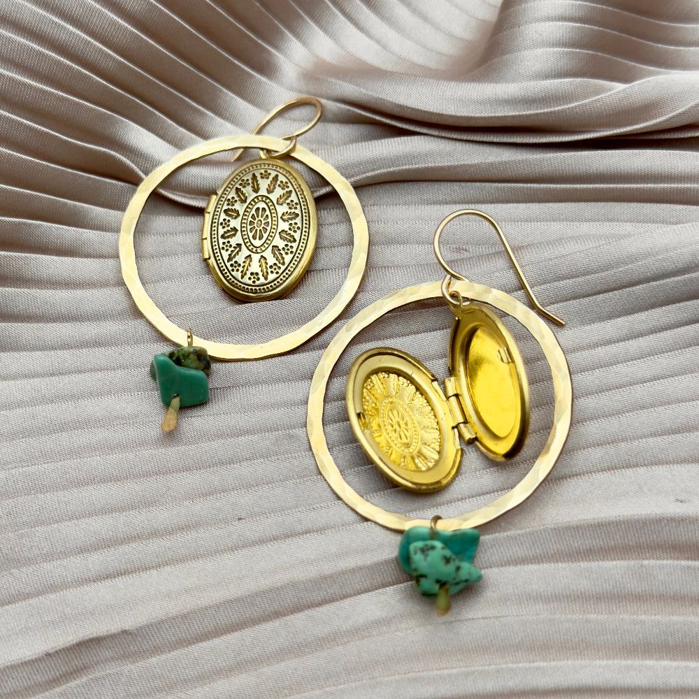 Gold or Silver Hoop with turquoise beads and etched working locket photo holder memory keepsake hanging from ear wire