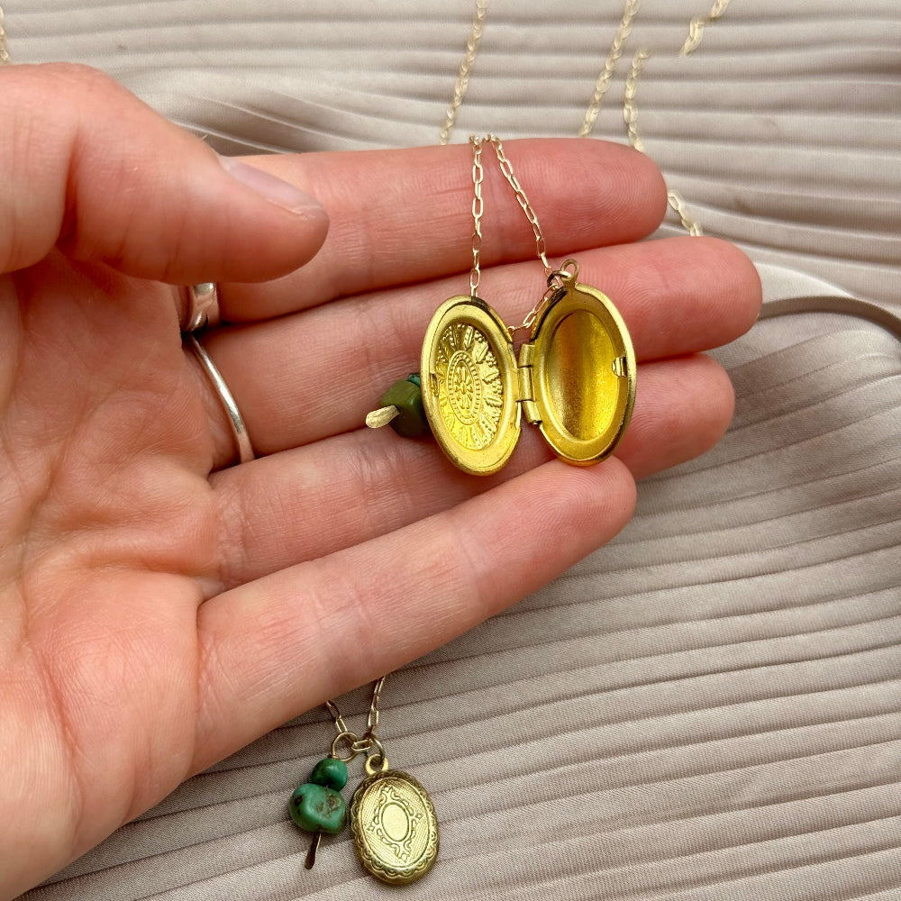 Small or Large gold or silver vintage and antique inspired working locket pendant with turquoise beads on necklace chain