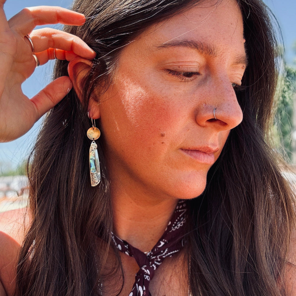 Abalone inlay and vintage inspired etched gold handle on a working pocketknife hanging from an ear wire