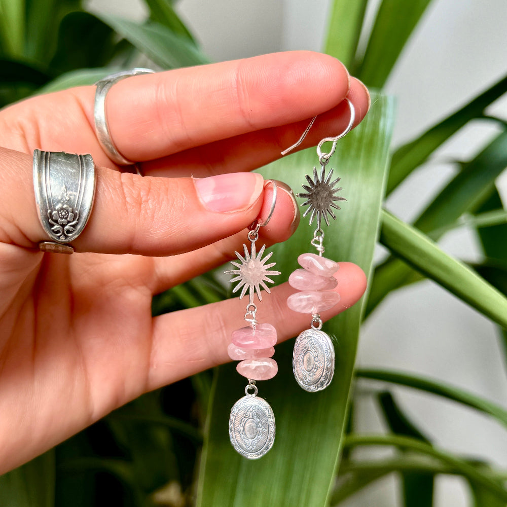 Starburst pendant over three rose quartz bead over a mini vintage inspired etched working locket on an ear wire