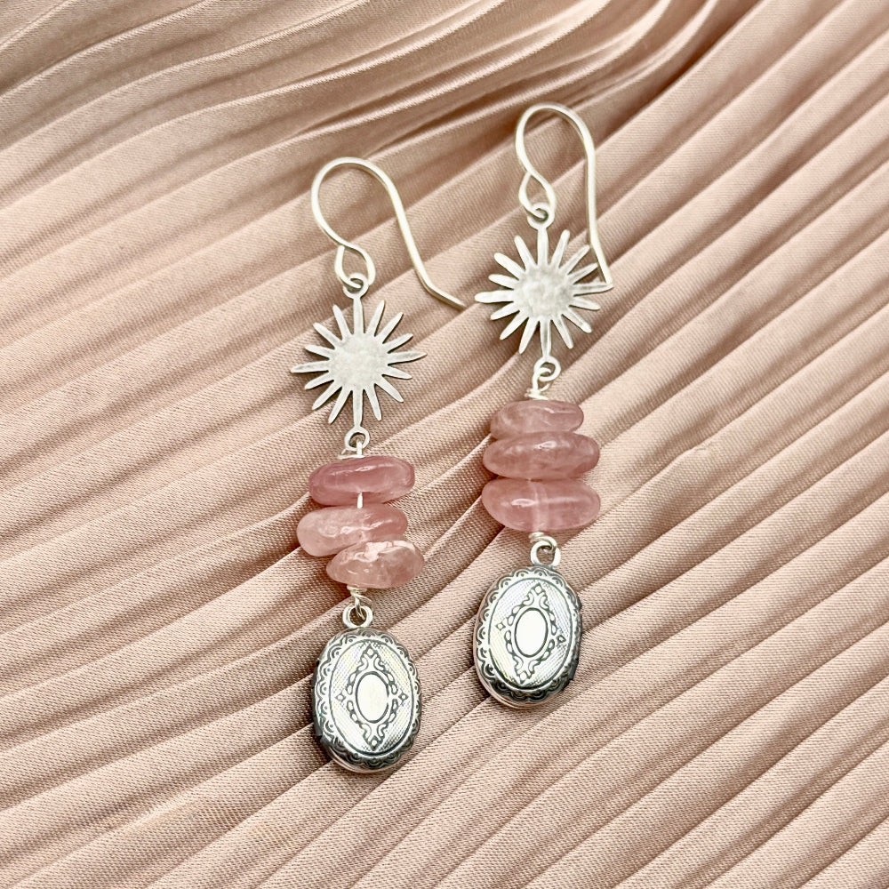 Starburst pendant over three rose quartz bead over a mini vintage inspired etched working locket on an ear wire