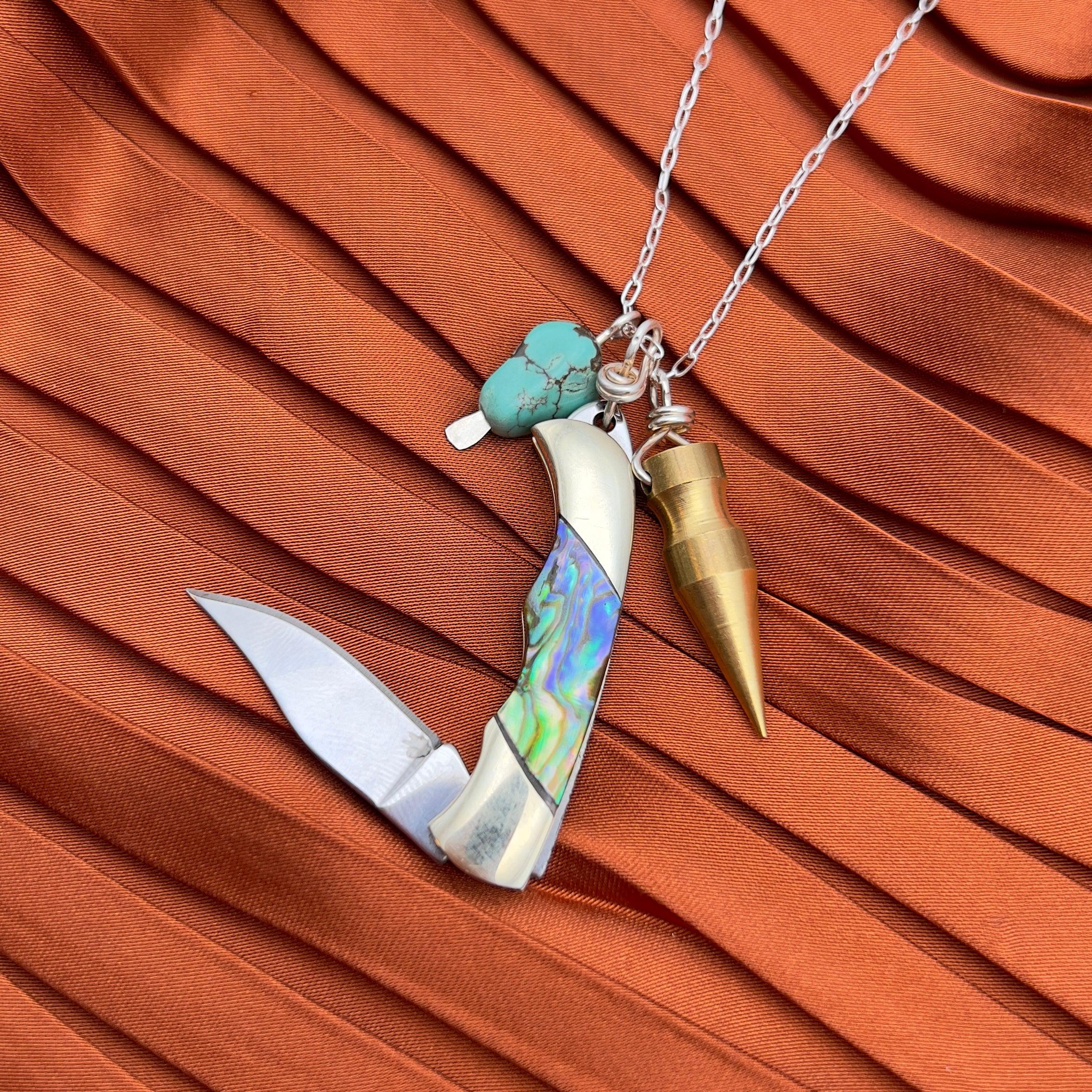 Billie Pocketknife with Abalone Inlay with brass bullet and a turquoise bead hanging on gold filled or sterling silver chain