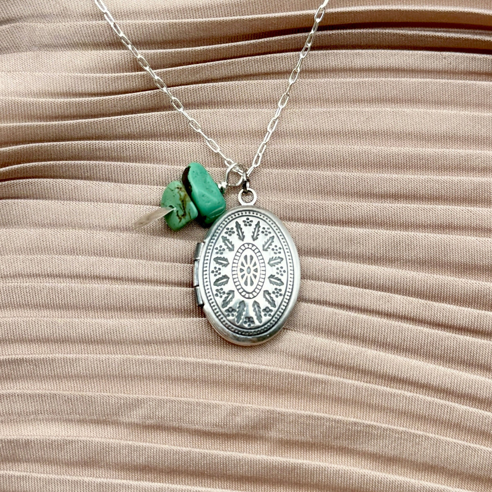 Small or Large gold or silver vintage and antique inspired working locket pendant with turquoise beads on necklace chain