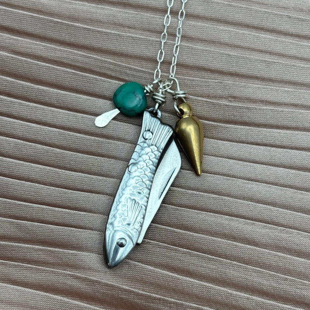 Fish shaped gold or silver mini working pocketknife pendant with brass mini bullet and turquoise bead hanging from gold filled or sterling silver chain