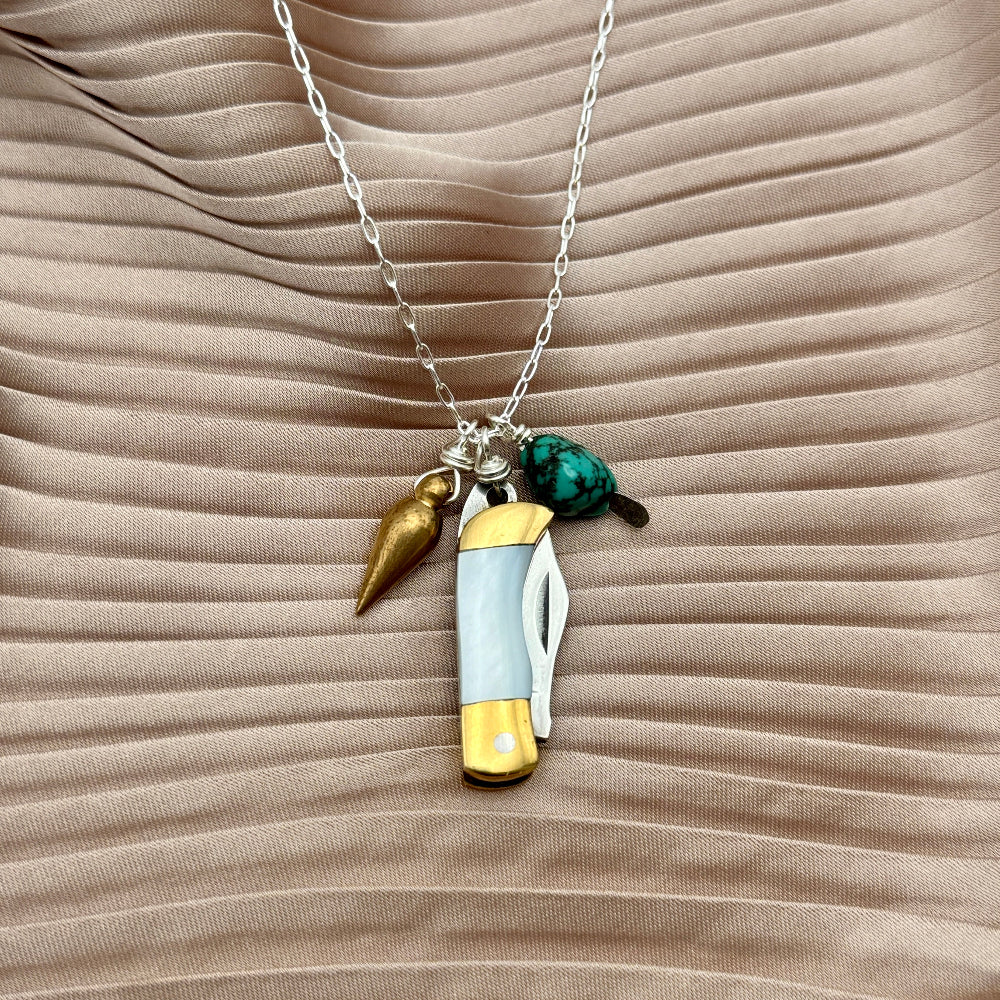 Miniature Pocketknife with mother of pearl inlay and a turquoise stone and mini bullet hanging from sterling silver or gold chain
