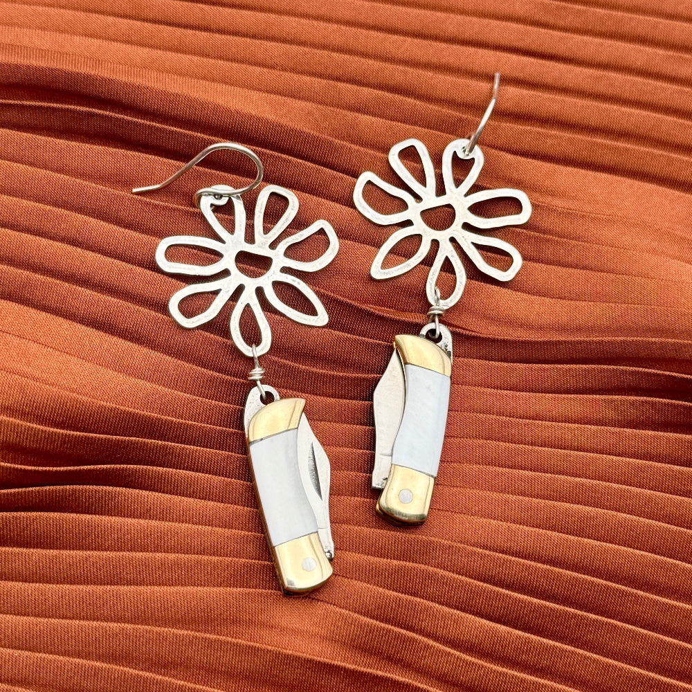 Gold or silver flower pendant ziggy wild bloom with mini mother of pearl inlay pocket knife hanging from ear wire