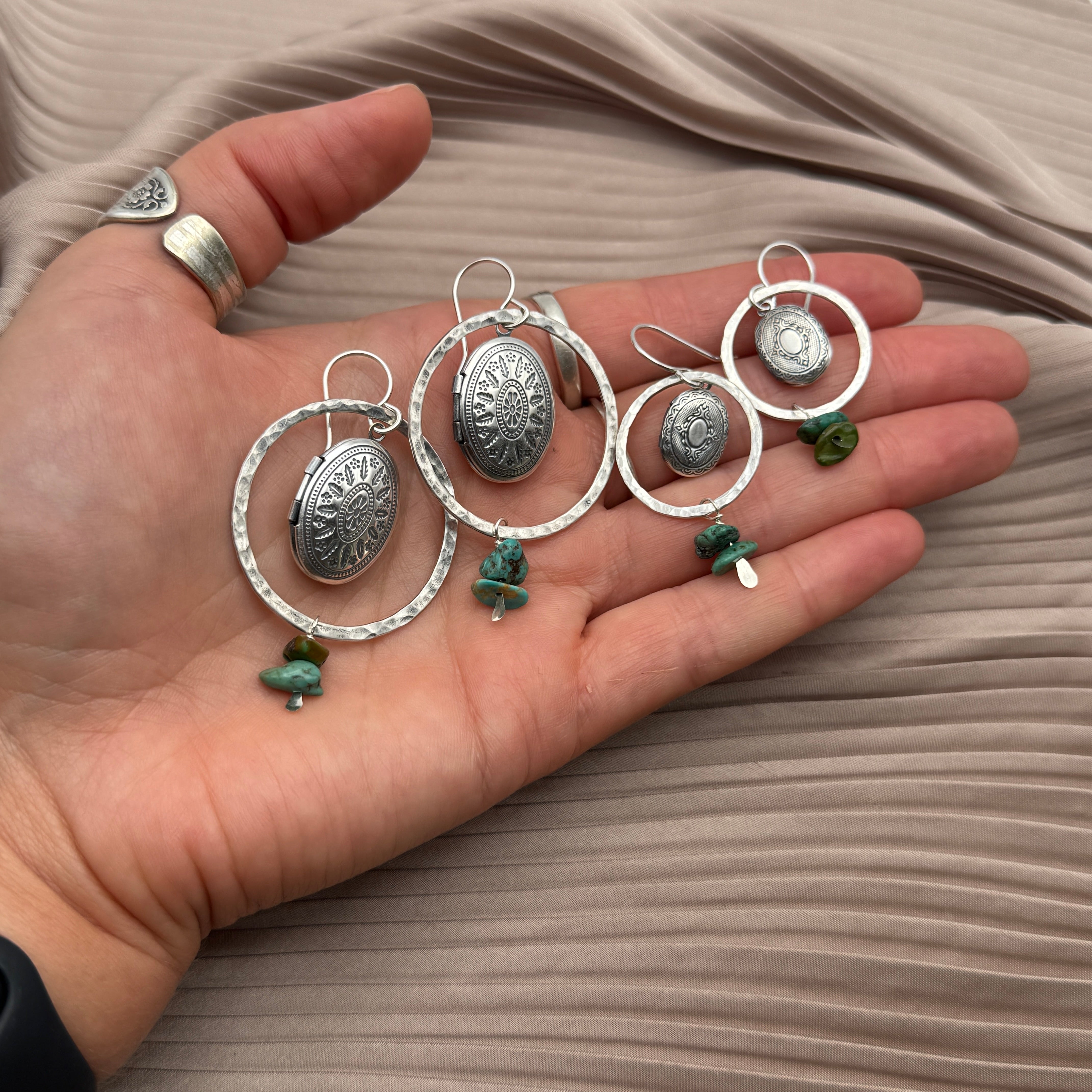 Gold or Silver Hoop with turquoise beads and etched working locket photo holder memory keepsake hanging from ear wire