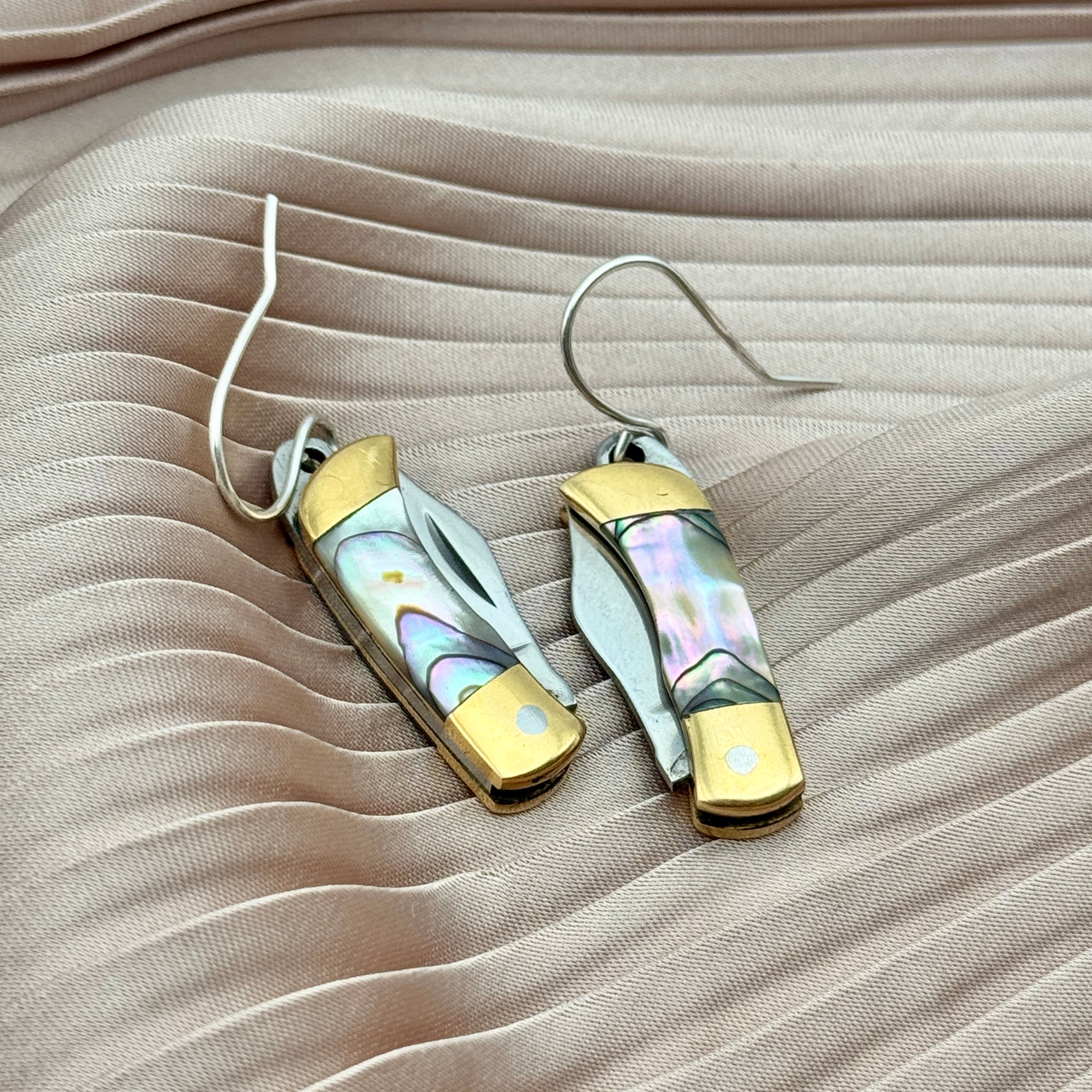 Billie Abalone inlay on miniature pocket knife earrings with or without circle hanging on ear wire