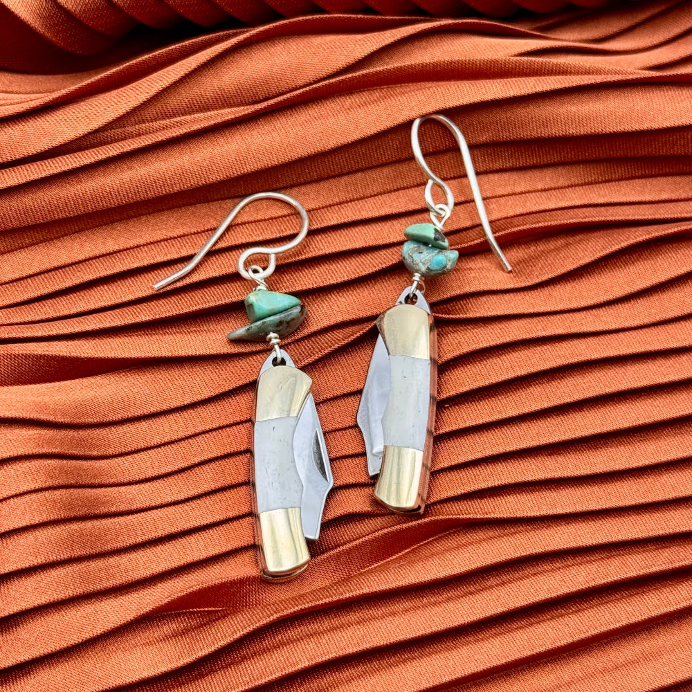 Two miniature bone inlay pocketknives with two turquoise chip beads hanging from gold or sterling silver ear wires