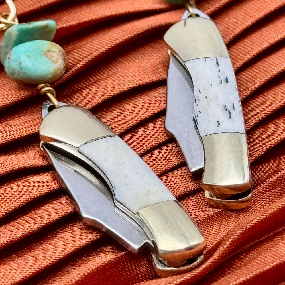 Two miniature bone inlay pocketknives with two turquoise chip beads hanging from gold or sterling silver ear wires