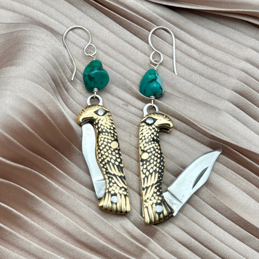 Eagle Shaped Bird mini pocket knife hanging from turquoise stone hanging from gold or sterling silver ear wire