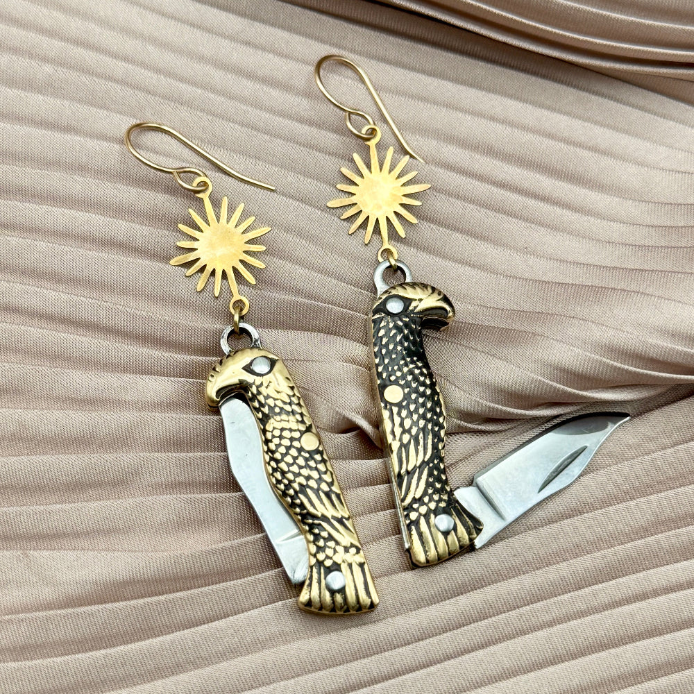 Eagle Shaped Bird mini pocket knife hanging from gold or sterling silver ear wire with silver or gold star burst