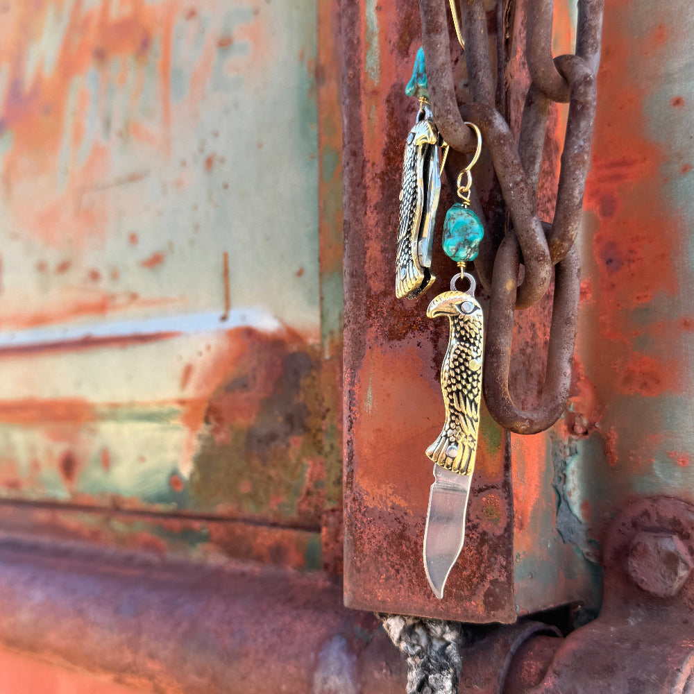 Eagle Shaped Bird mini pocket knife hanging from turquoise stone hanging from gold or sterling silver ear wire