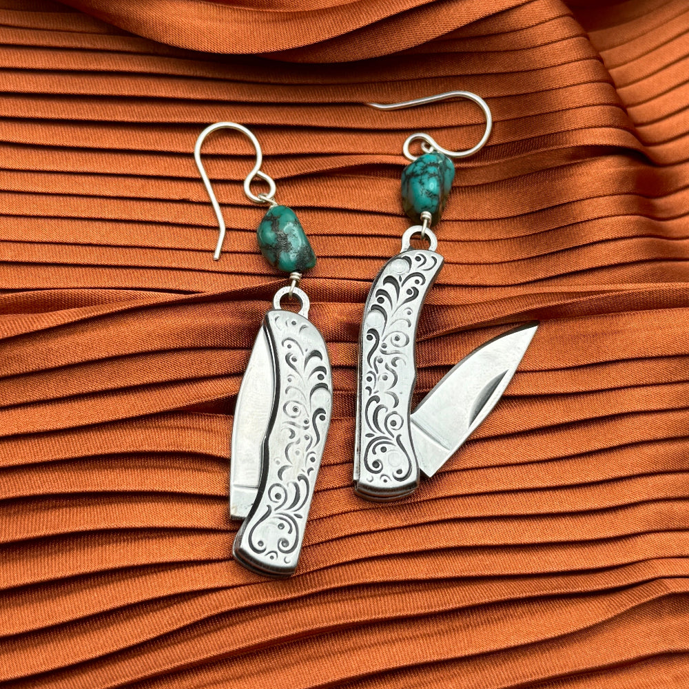 Silver or Gold Mini etched vintage inspired Pocketknife hanging from ear wire with turquoise bead