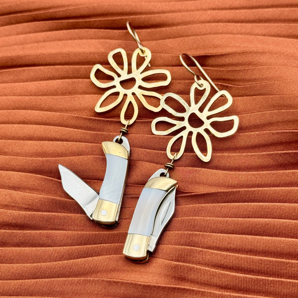 Gold or silver flower pendant ziggy wild bloom with mini mother of pearl inlay pocket knife hanging from ear wire