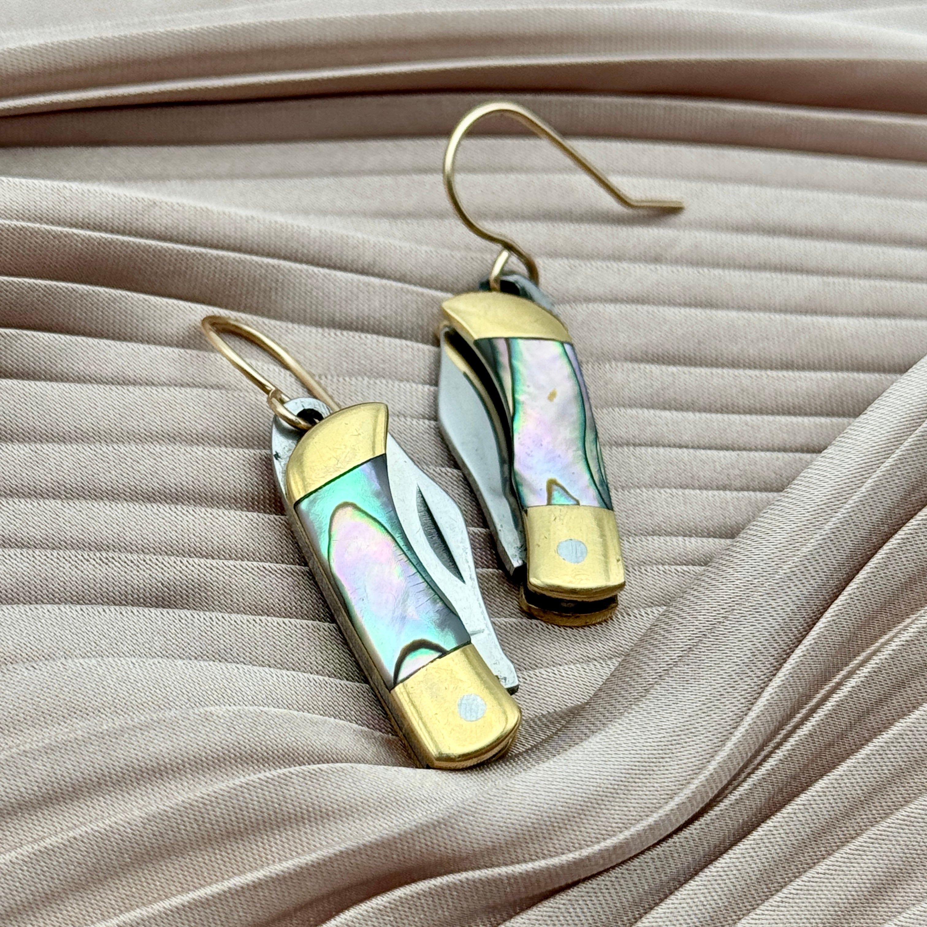 Billie Abalone inlay on miniature pocket knife earrings with or without circle hanging on ear wire