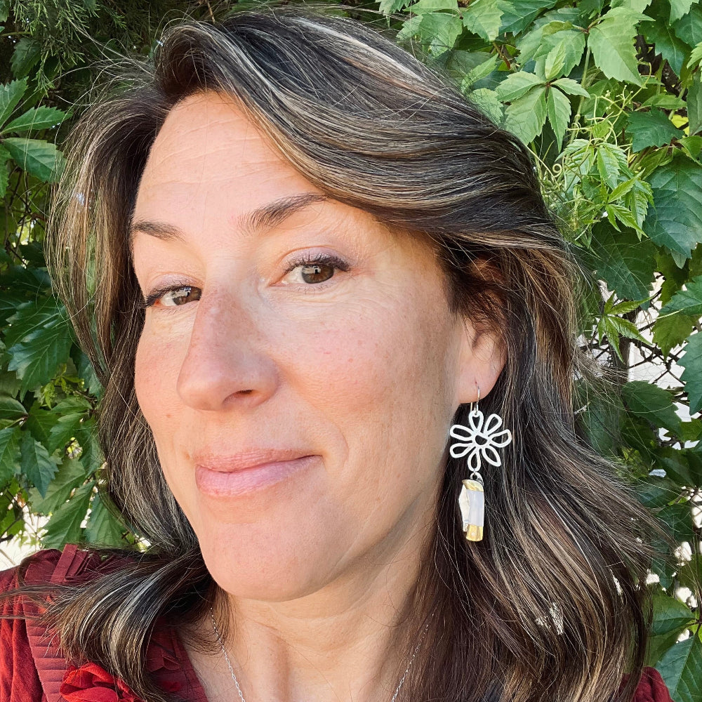 Gold or silver flower pendant ziggy wild bloom with mini mother of pearl inlay pocket knife hanging from ear wire