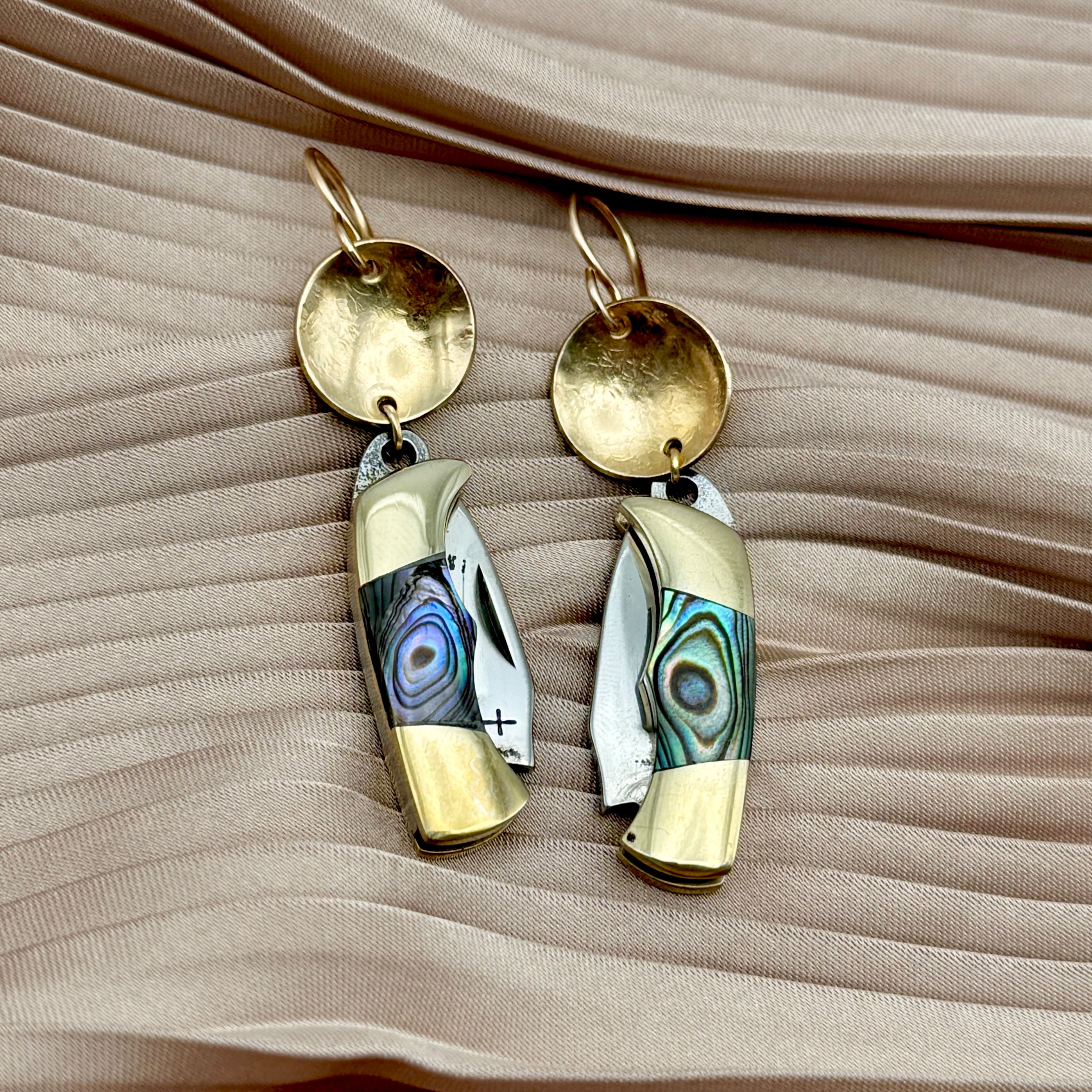 Billie Abalone inlay on miniature pocket knife earrings with or without circle hanging on ear wire