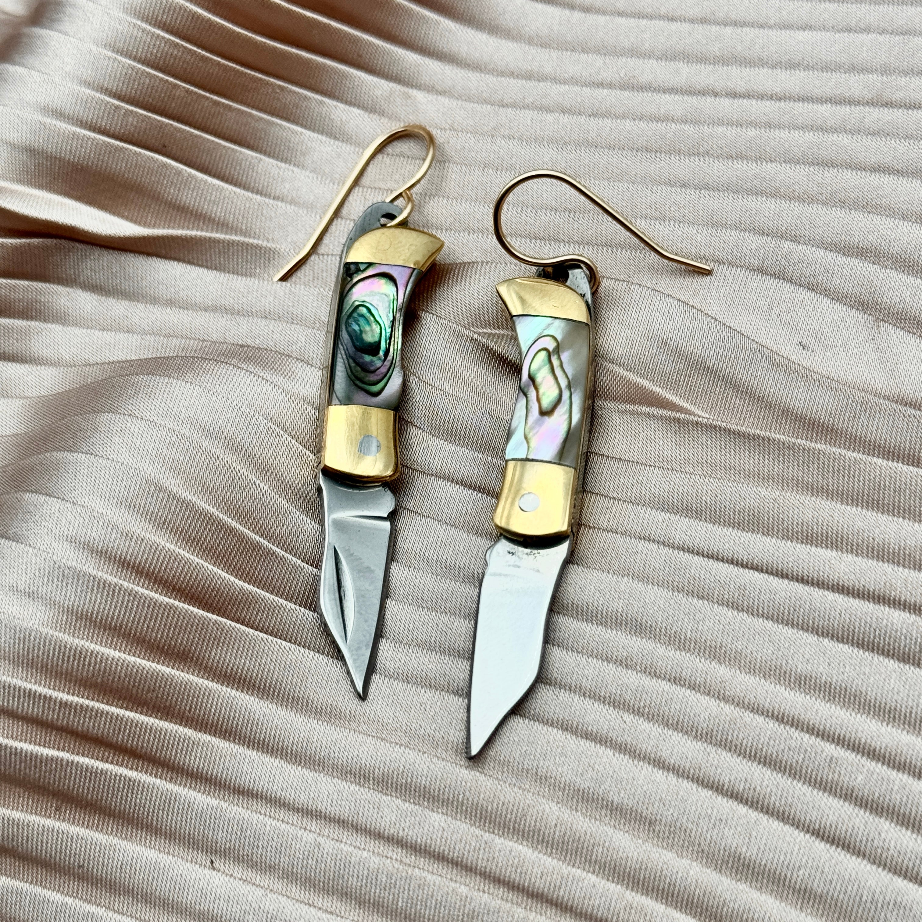 Billie Abalone inlay on miniature pocket knife earrings on ear wire