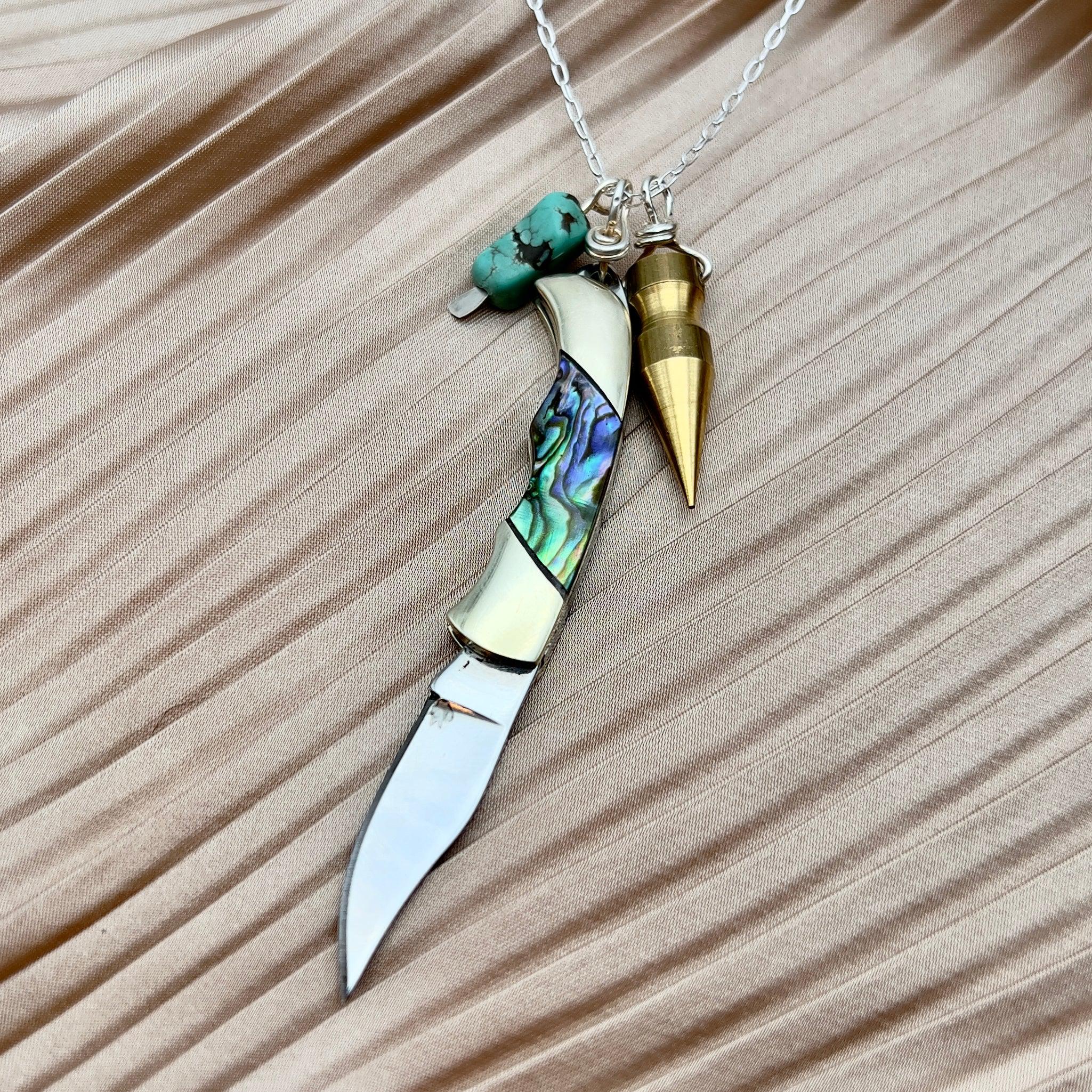 Billie Pocketknife with Abalone Inlay with brass bullet and a turquoise bead hanging on gold filled or sterling silver chain