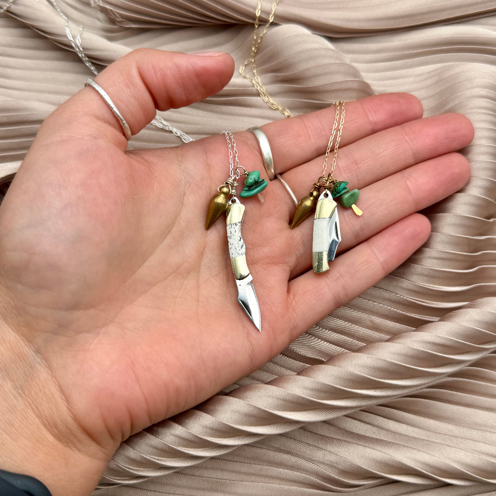 miniature pocket knife necklaces with bullet charm and turquoise bead chips on silver and gold chain