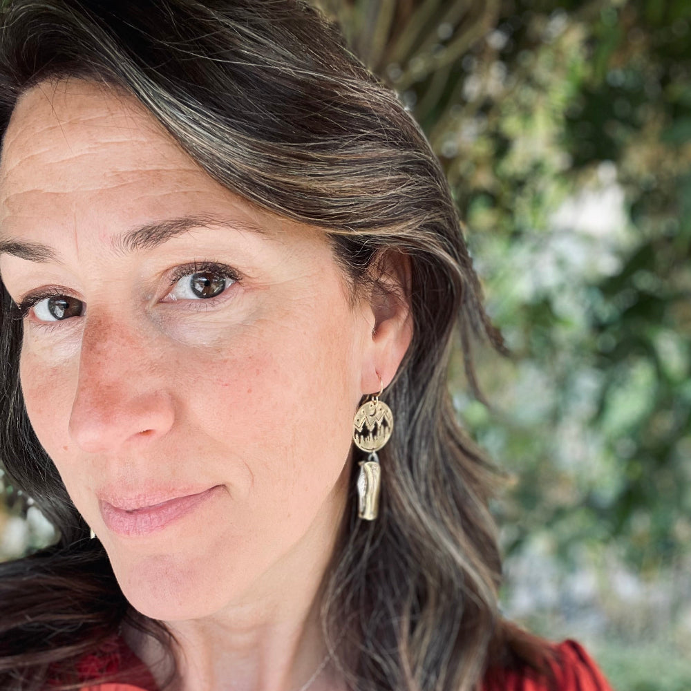 Mountain Night Moon Pine tree pendant hanging from ear wire with miniature billie gold or silver pocketknives